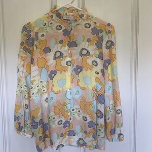 LOFT Multicolor Floral Blouse Long Sleeve Ruffle Collar Button Down NEW